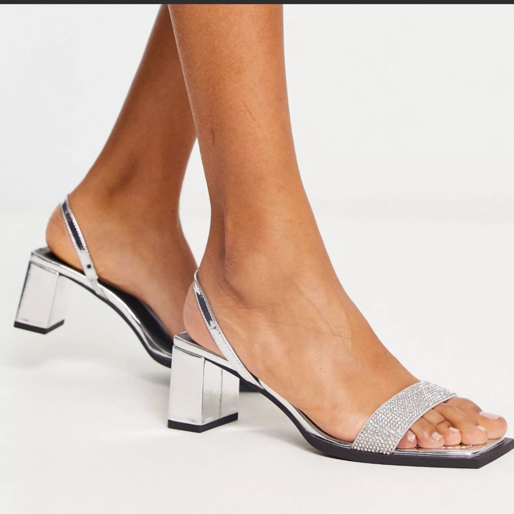 London Rebel sling back embellished block heel sandals in silver